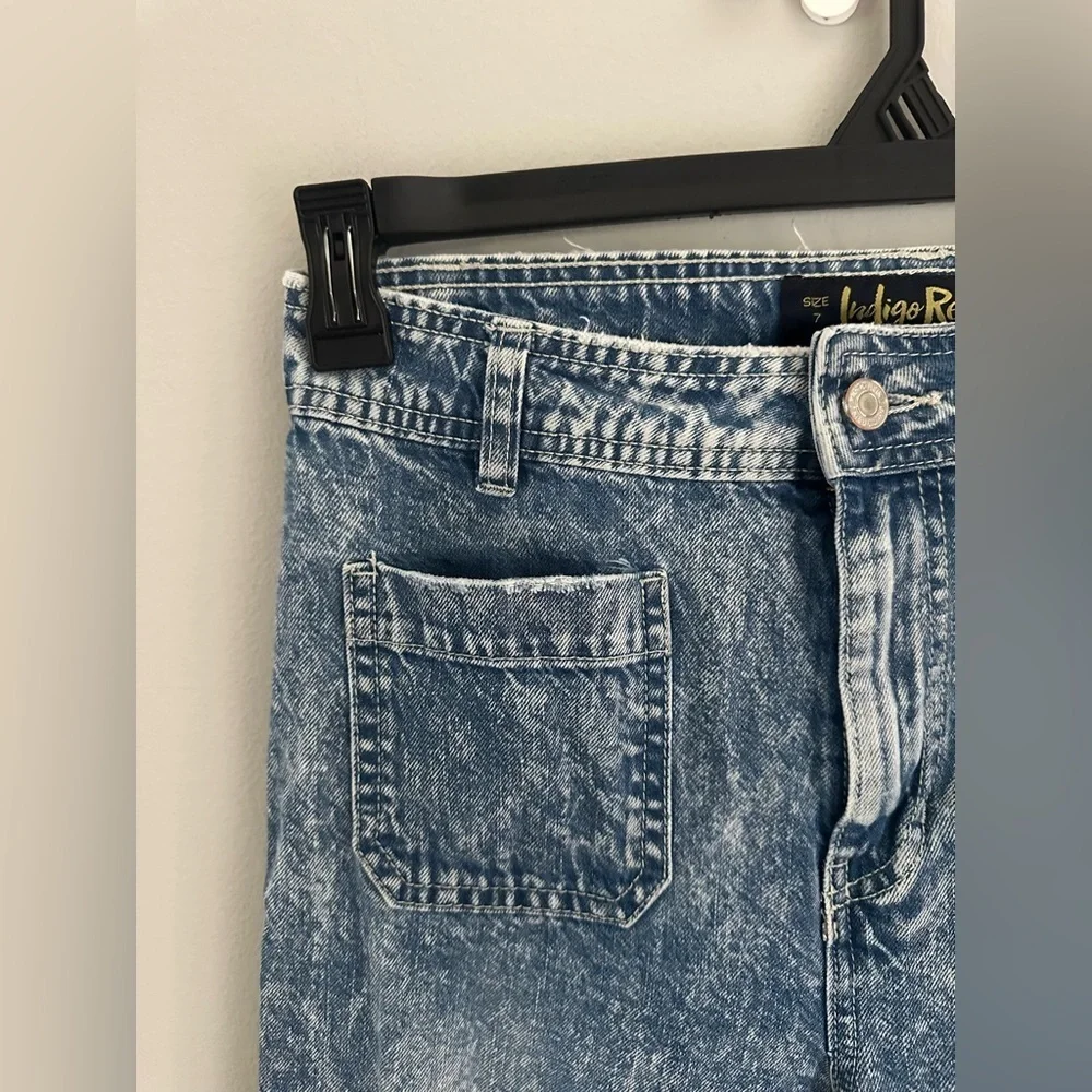 INDIGO REIN Women High-Rise Wide Leg Acid Wash Distressed Jeans Patch Pockets 7